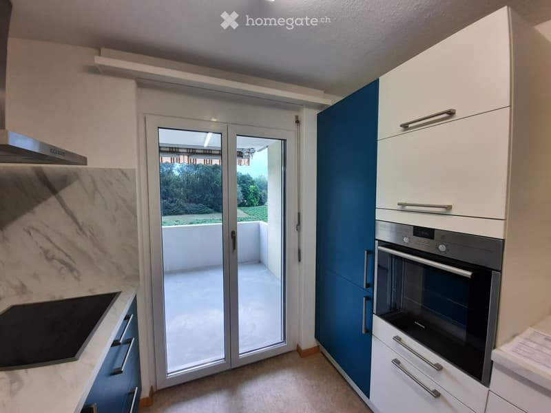 Modern kitchen with white and blue cabinets, stainless steel oven, and a large sliding glass door leading to a balcony with a view of greenery.