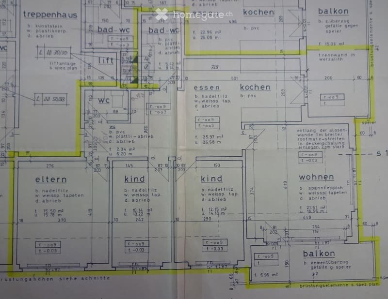 Floor plan showing multiple rooms including kitchen, dining, living, bedrooms, bathrooms, and balconies with measurements and material details.