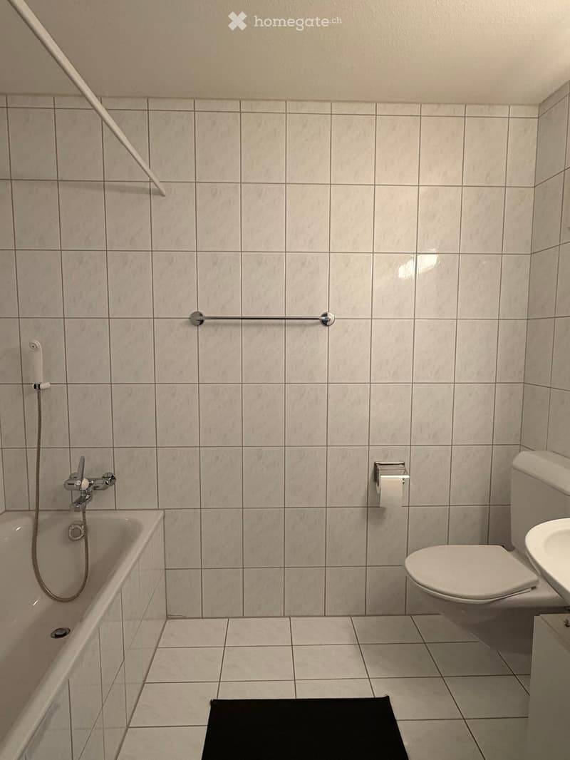 Bathroom with tiled walls and floor, featuring a bathtub with a handheld shower, a toilet, a sink, and a toilet paper holder. A black bath mat is placed in front of the toilet.