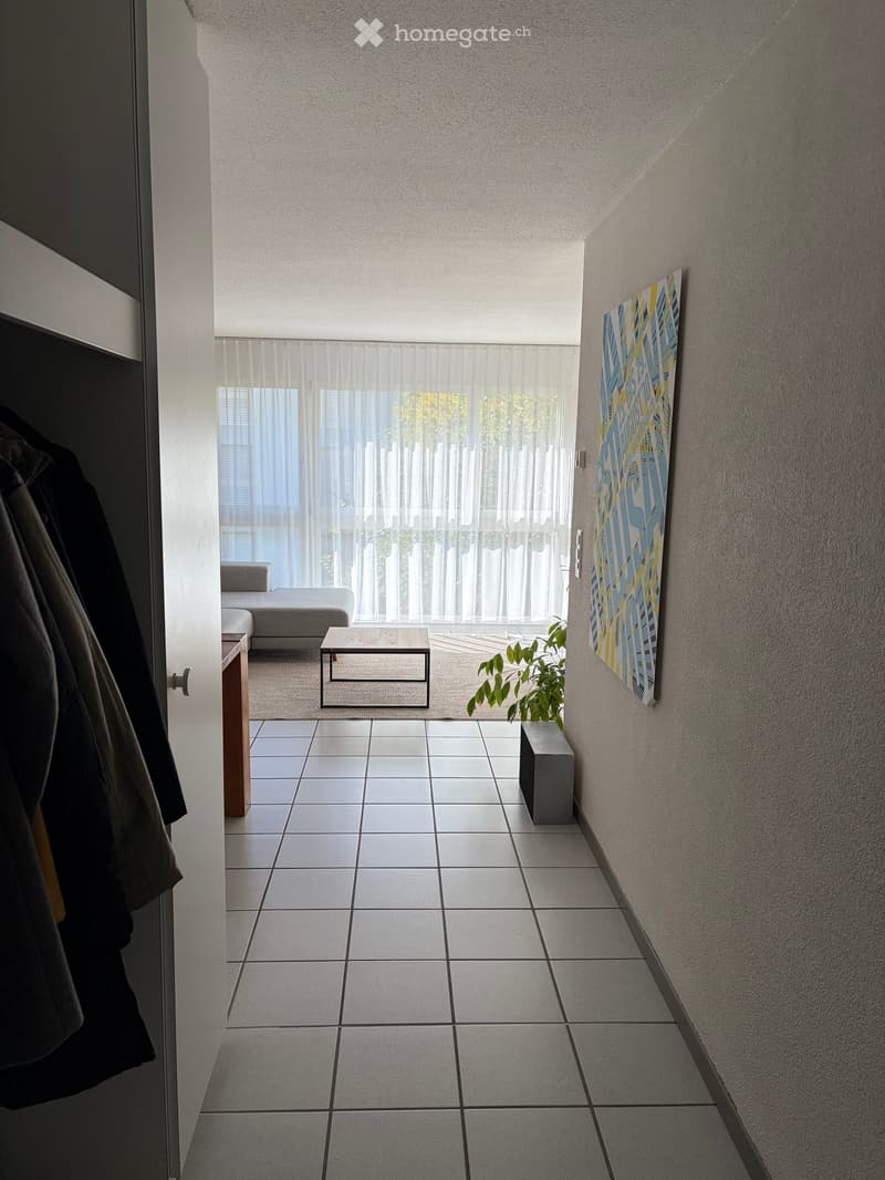 Modern hallway with tiled floor, white walls, large window with sheer curtains, small seating area with sofa and coffee table, artwork on wall, plant, and coat rack with jackets.