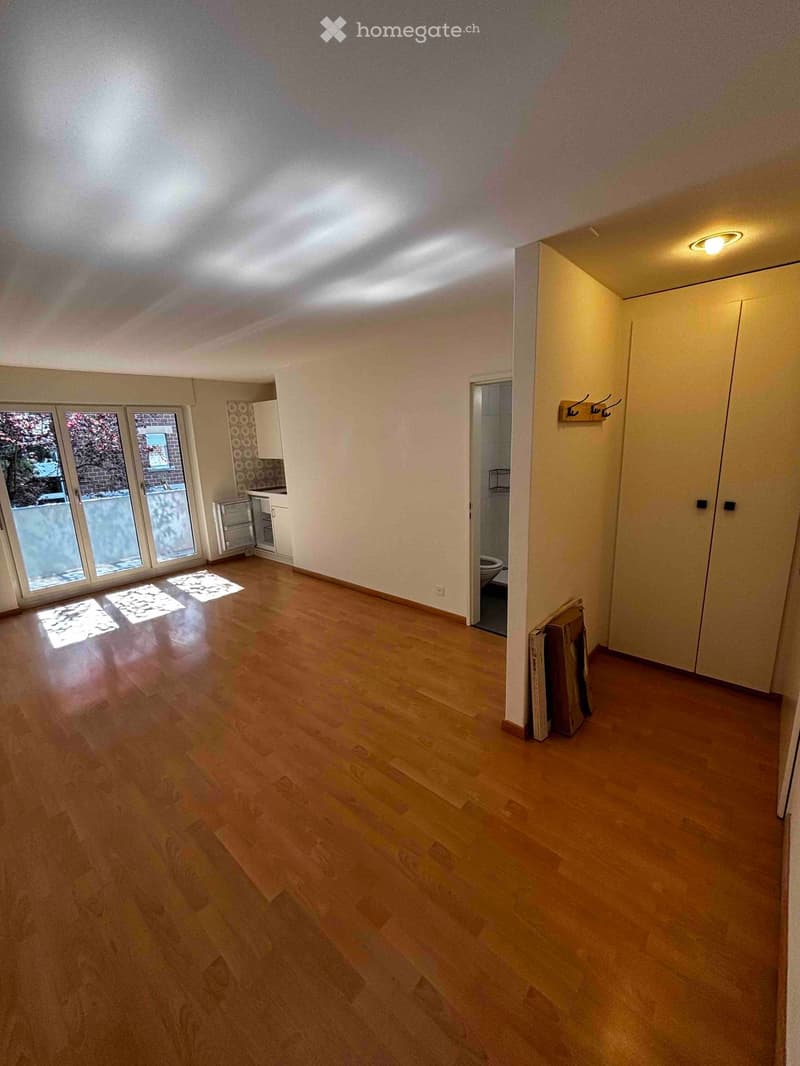 Empty room with wooden flooring, large windows, and a small adjacent bathroom area visible.
