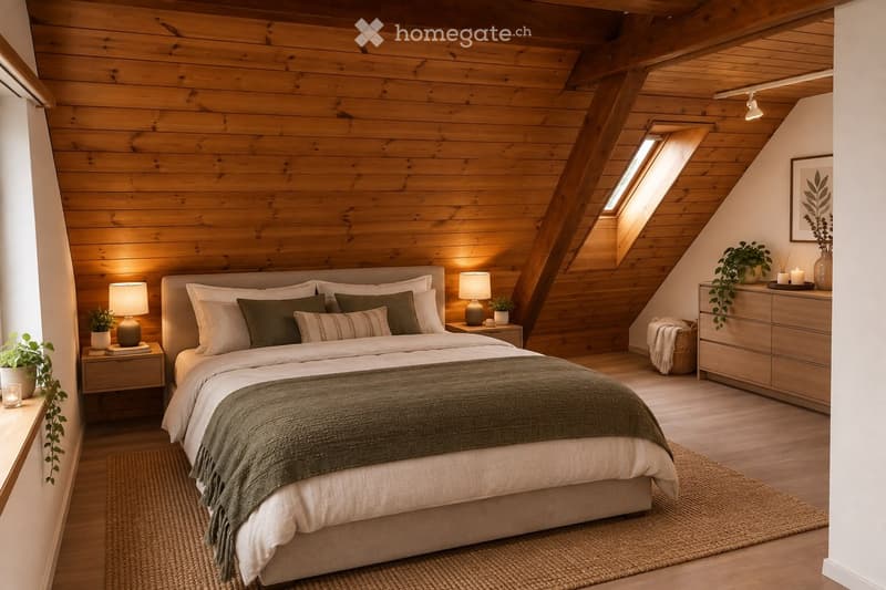 Cozy attic bedroom with wooden walls and ceiling, featuring a large bed with pillows and a blanket, nightstands with lamps, a dresser with a plant, and a woven rug on the floor.