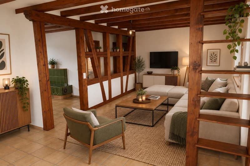 Modern living room with exposed wooden beams, a sectional sofa, coffee table, armchair, TV, side table, floor lamp, and decorative plants.