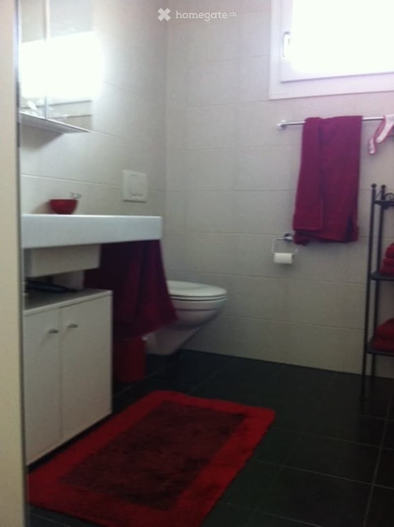 Modern bathroom with white tiles, a white sink, a toilet, a red towel, and a red bathroom rug on the floor.