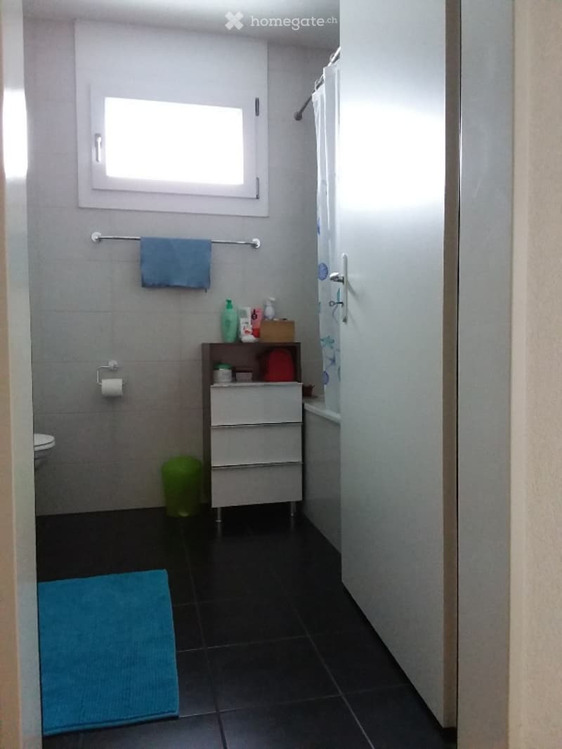 Modern bathroom with dark tiled floor, white walls, a window, a shower with a curtain, a towel rack with a blue towel, a small storage cabinet, and a toilet.