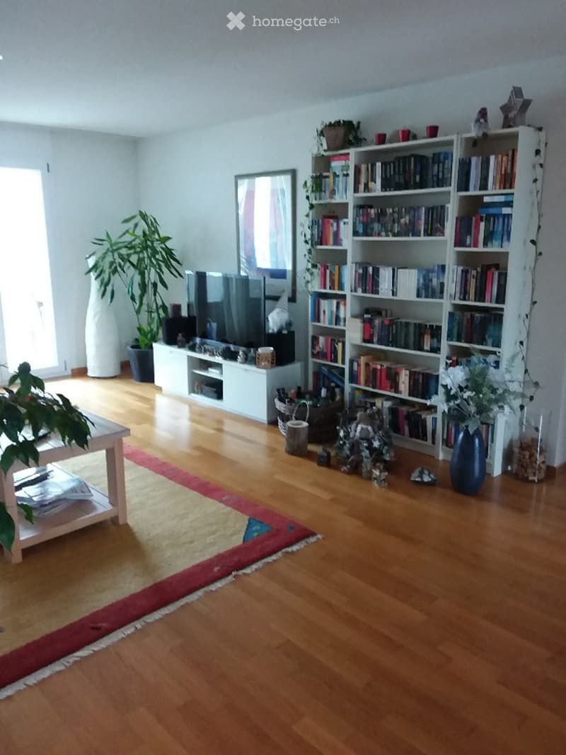 Bright living room with wooden flooring, large bookshelf filled with books, television on a stand, coffee table, and decorative plants.