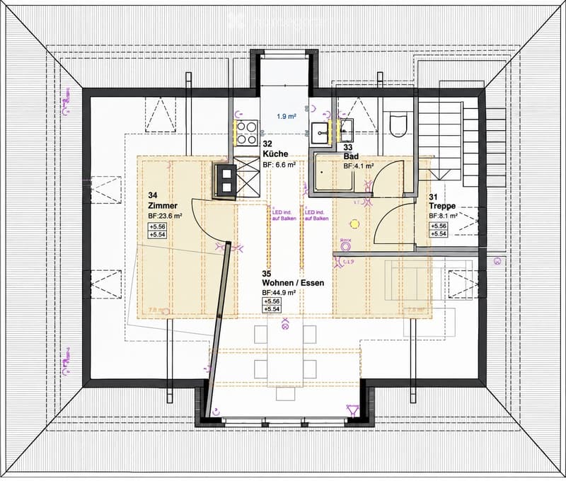 Floor plan showing a kitchen, bathroom, bedroom, living/dining area, and staircase. Includes dimensions and floor levels.