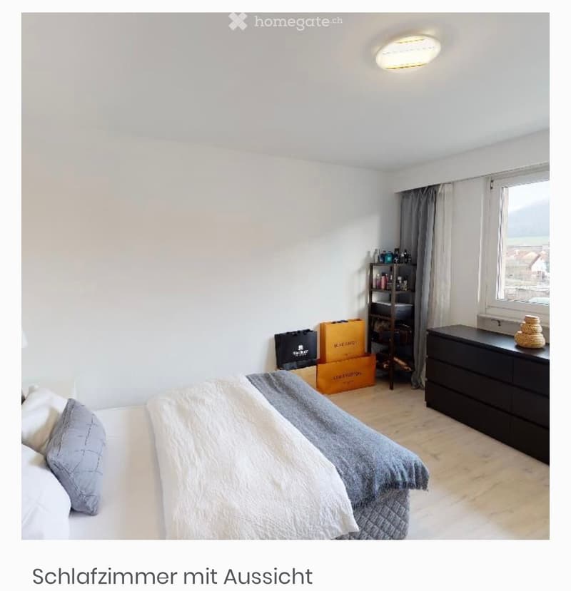 Bright bedroom with a large window offering a view, featuring a neatly made bed with pillows and a blanket, a nightstand, a shelf with various items, and storage boxes.