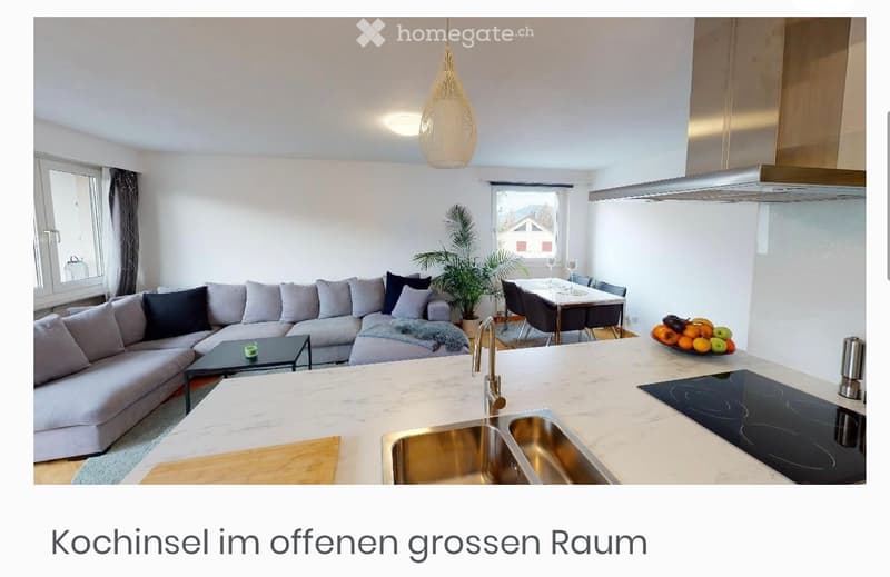 Open-plan living and dining area with a grey sectional sofa, coffee table, dining table with chairs, kitchen island with sink and induction stove, and decorative bowl of fruit on the counter.