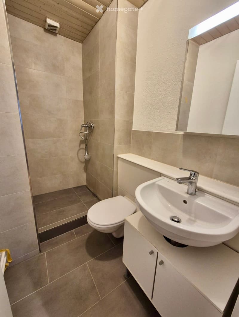 Modern bathroom with beige tiled walls, a white toilet, a sink with a chrome faucet, and a built-in cabinet.