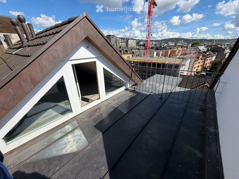 Roof terrace with modern glass enclosure, metal railing, and cityscape view in the background.
