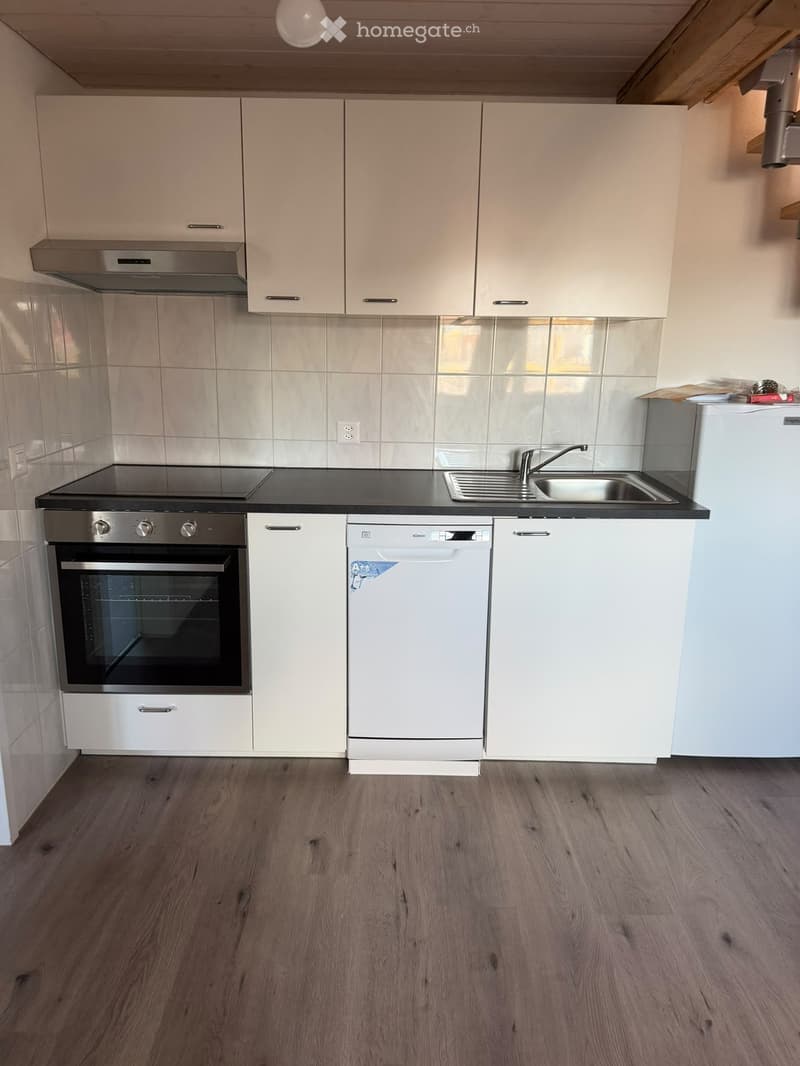 Modern kitchen with white cabinets, stainless steel appliances, and wooden flooring.