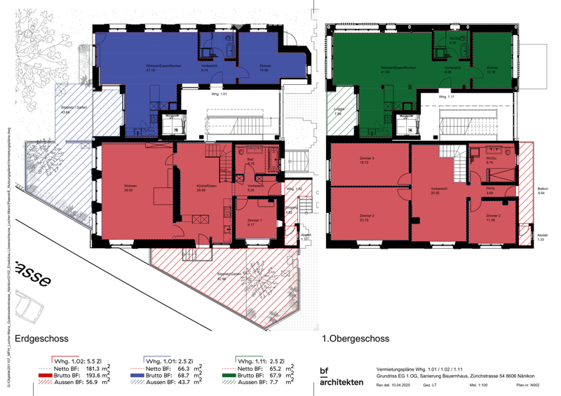 Floor plan showing three residential units across two levels: ground floor and first floor. Ground floor includes living, kitchen, dining, bedroom, bathroom, hallway, and entrance. First floor includes additional living, kitchen, dining, bedroom, bathroom
