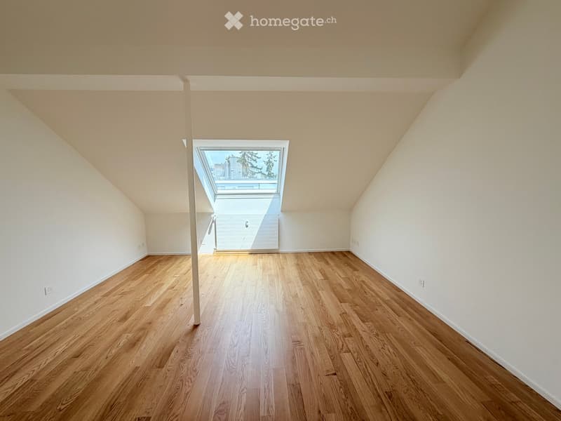 Empty attic room with wooden flooring, white walls, and a skylight window offering a view of the outside.