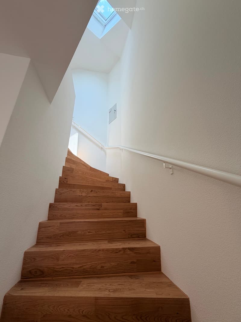 Wooden staircase with white walls and a skylight at the top, featuring a white handrail on the right side.