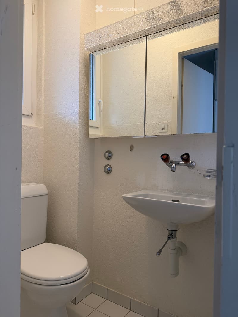 Compact bathroom with a white toilet, a modern sink with a sleek faucet, a mirrored cabinet with a decorative glass top, and tiled walls and floor.