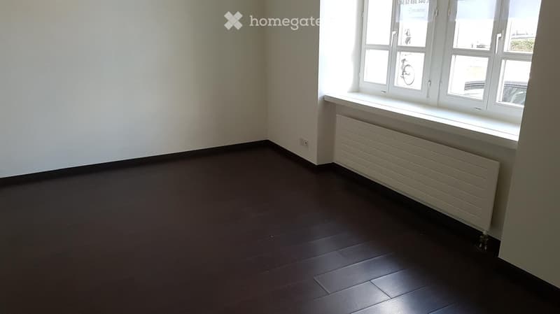 Empty room with dark wooden flooring, white walls, and a radiator under a large window.