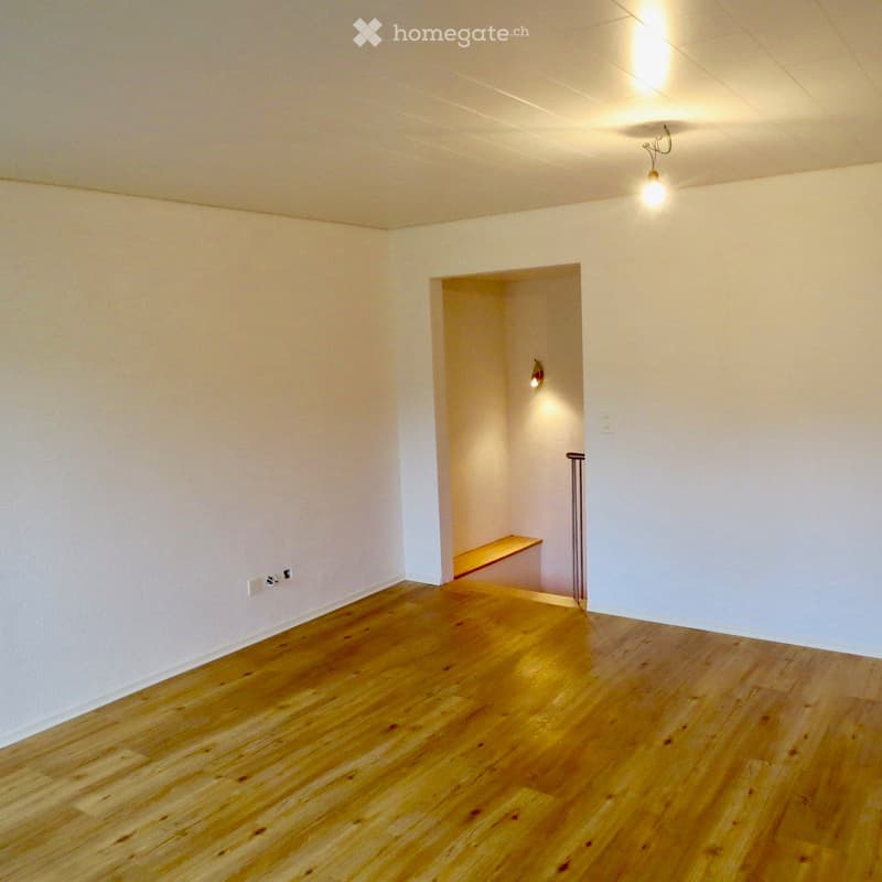 empty room, wooden floor, white walls, small bench, light fixture