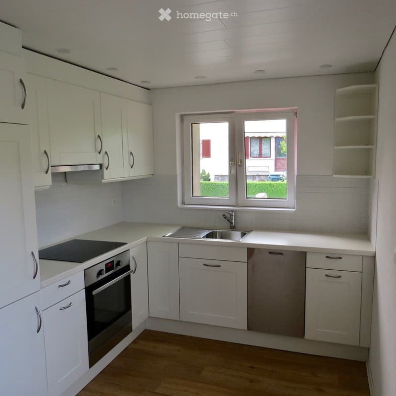 modern kitchen with white cabinets, wooden floor, stainless steel sink, dishwasher, oven, window
