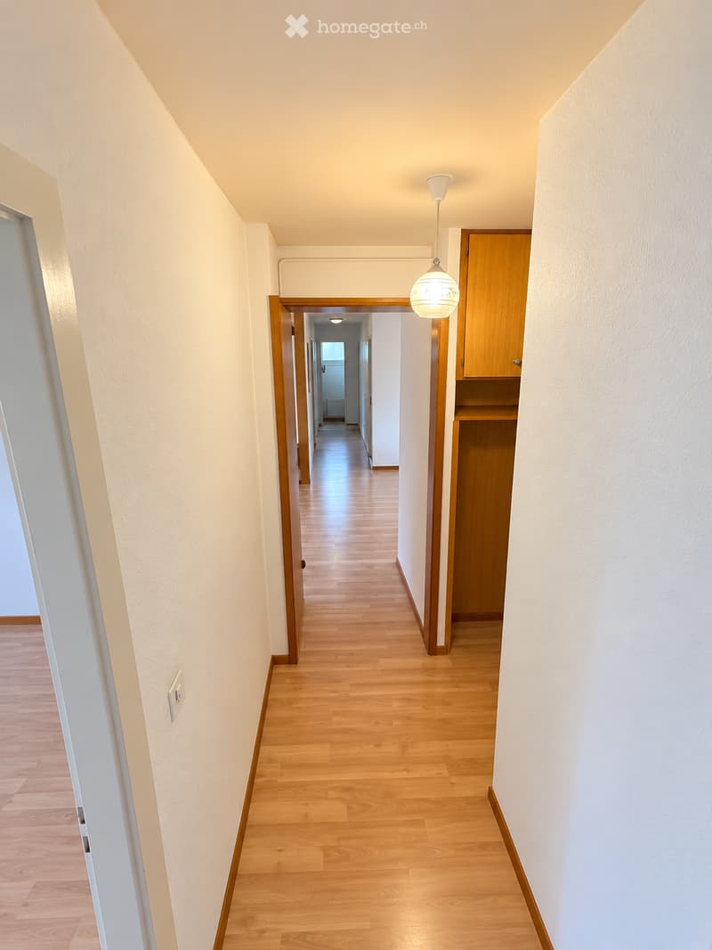 A long, narrow hallway with light wooden flooring and white walls. The hallway features a hanging light fixture and a wooden cabinet on the right side. The hallway leads to another room at the end.