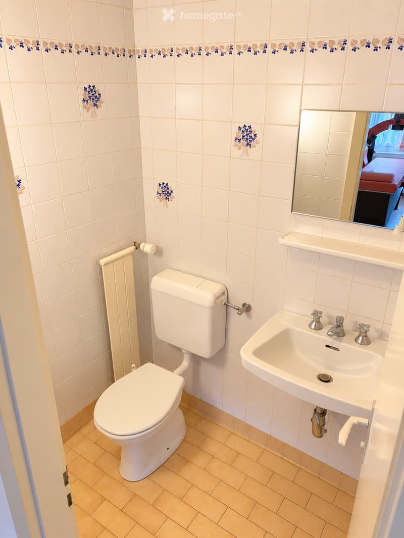 A small bathroom with white tiled walls, a toilet, a sink with a mirror above it, and a radiator on the wall.