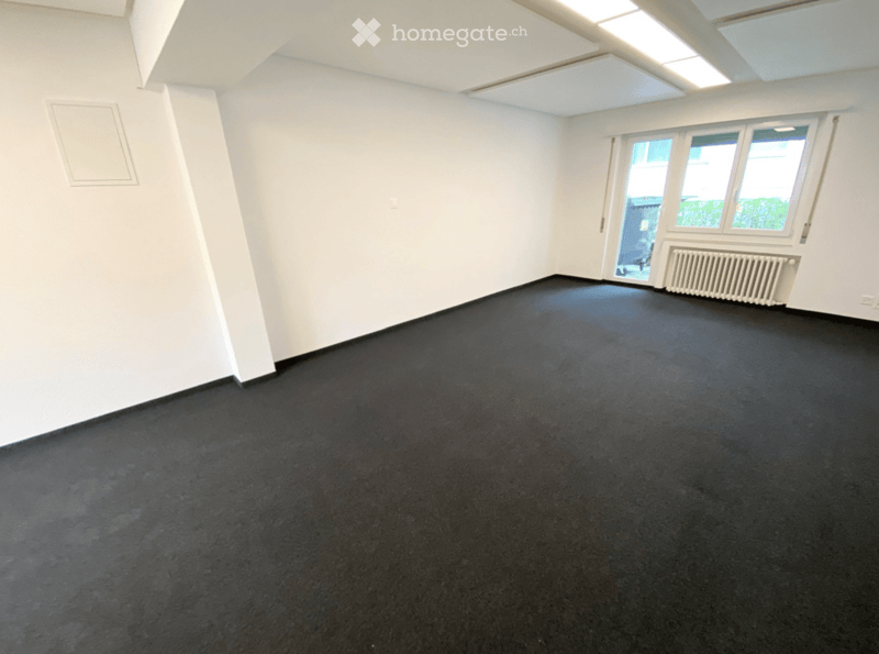 Empty room with white walls, black carpet, large windows, and a radiator. No furniture or equipment present.
