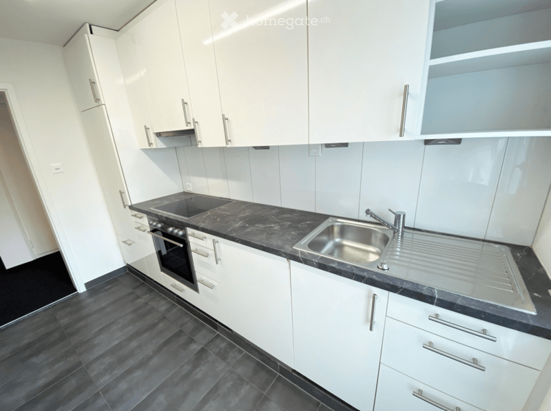 Modern kitchen with white cabinets, black countertops, stainless steel sink, and built-in oven.