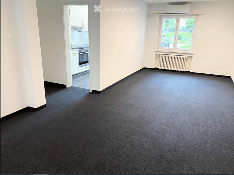Empty room with dark grey carpet flooring, white walls, and a window with a radiator below it. An adjacent kitchen area is visible through an open doorway.