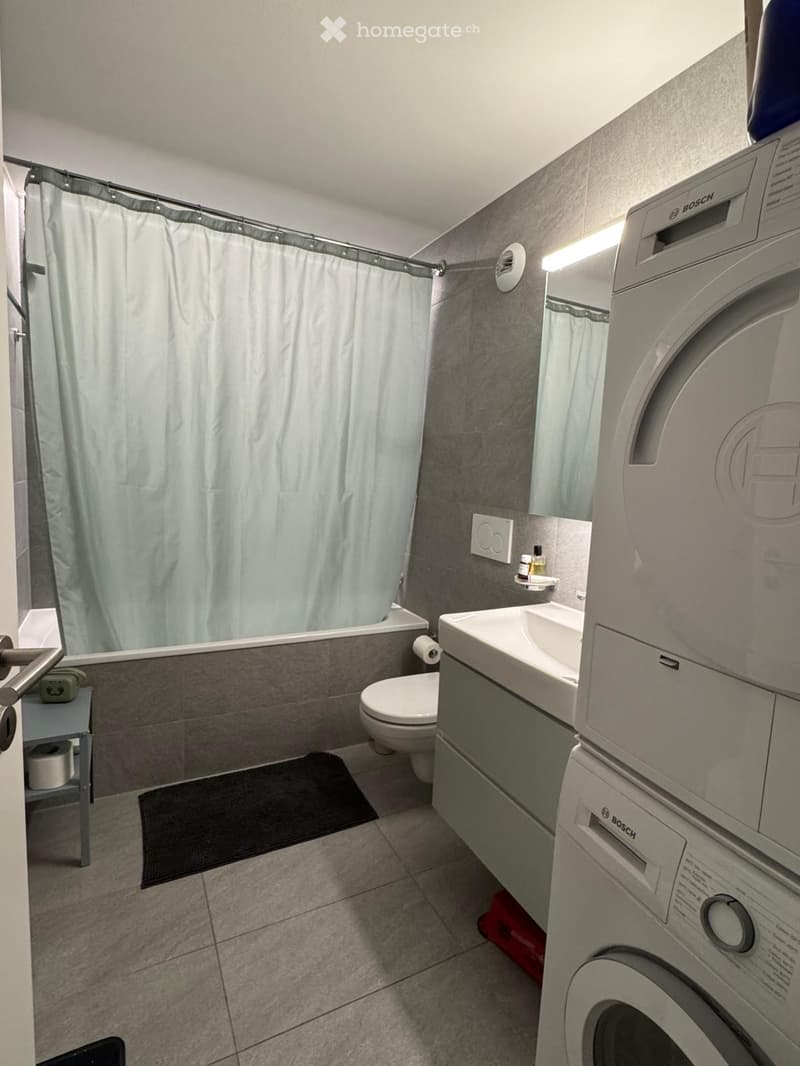 Modern bathroom with a toilet, sink, shower, washing machine, and a small shelf with toiletries.