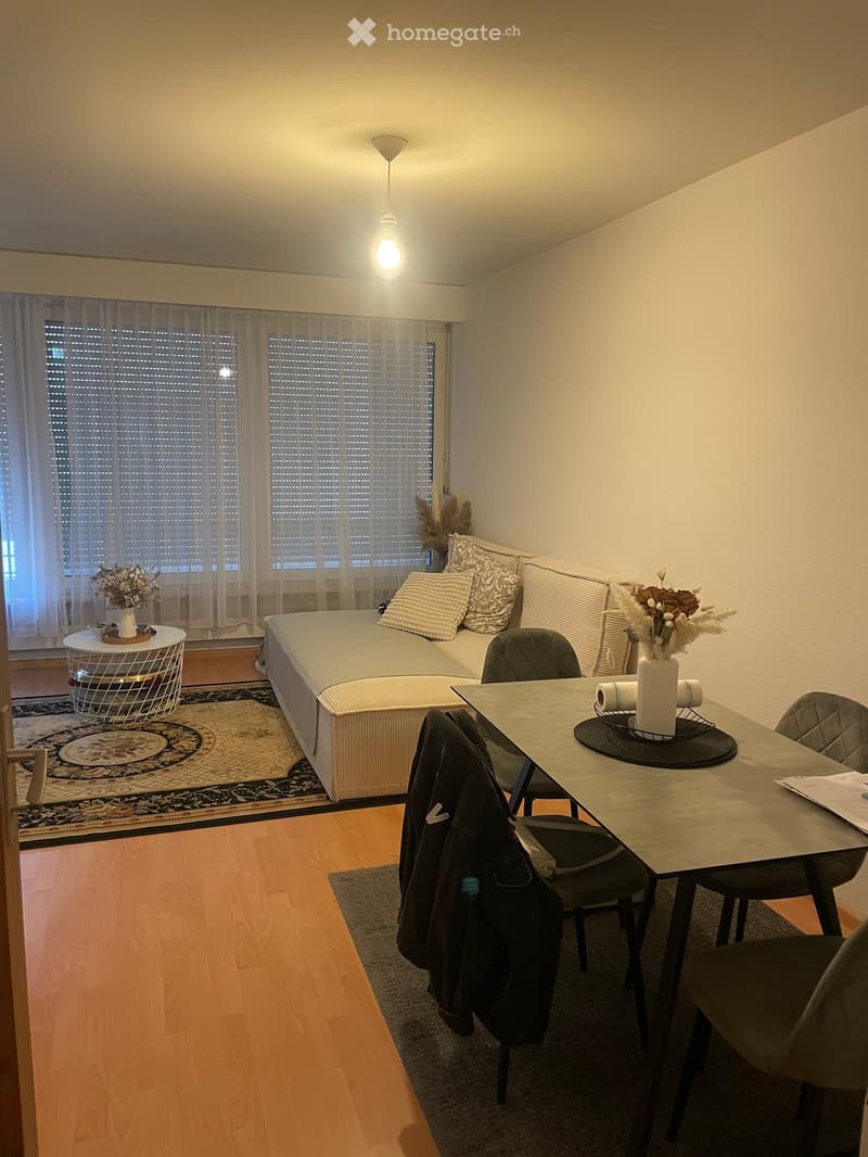 A modern, compact living space with a sofa, a small round table with a vase, a dining table with chairs, and a coat hanging on a chair. The room features wooden flooring, large windows with curtains, and a hanging light fixture.