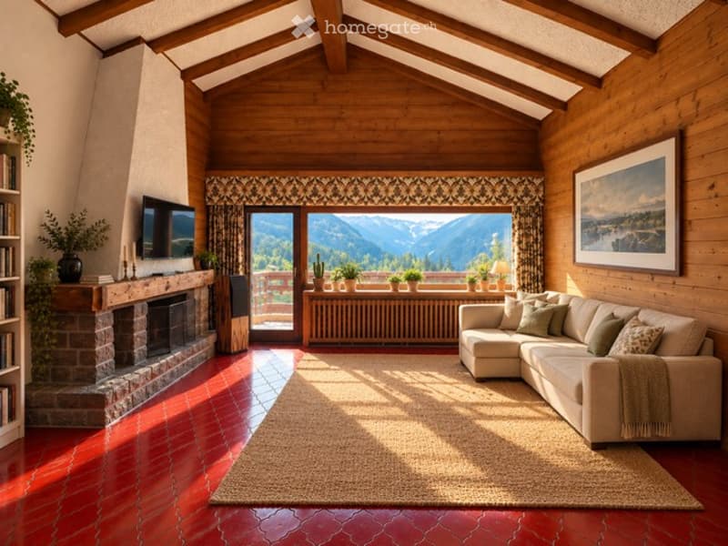 Cozy living room with exposed wooden beams, large window offering mountain view, stone fireplace, cream sectional sofa, coffee table, and potted plants on windowsill.