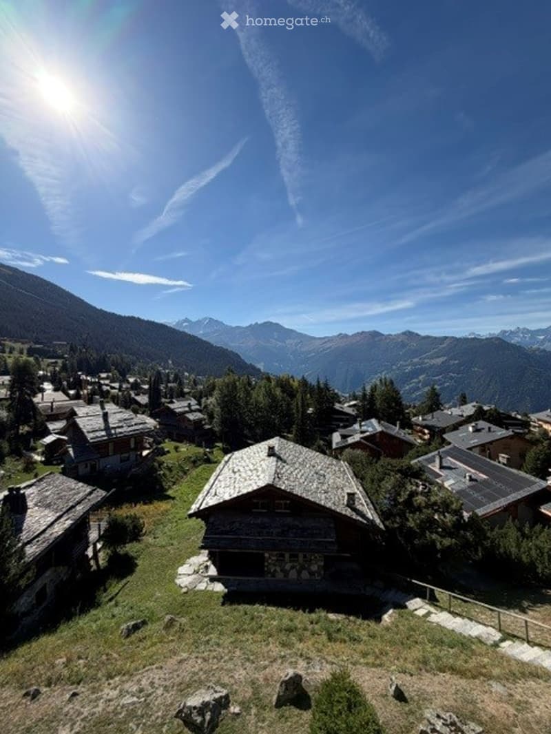 A picturesque village scene with traditional wooden houses, surrounded by lush green fields and snow-capped mountains under a clear blue sky.