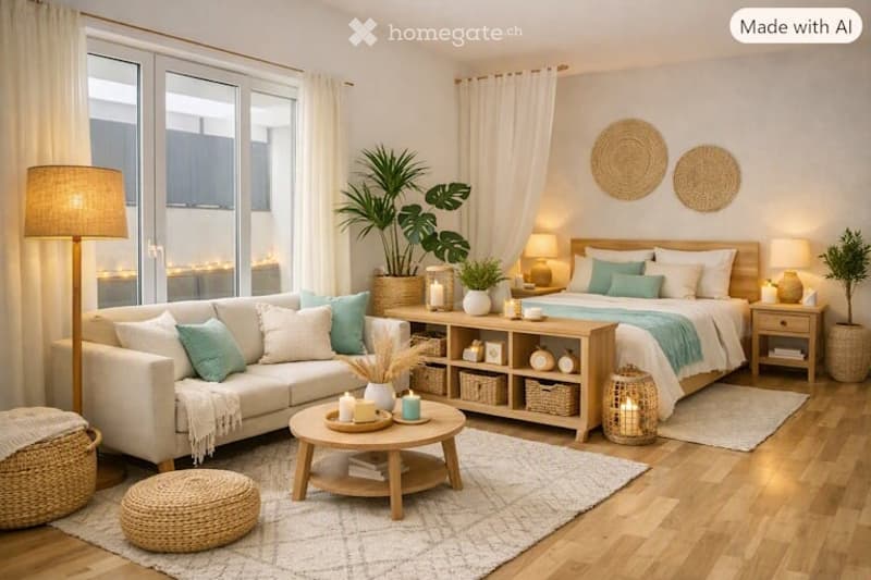 A modern, well-furnished living space with a sofa, coffee table, ottoman, bed, nightstand, floor lamp, table lamp, wicker basket, plant, candle, and shelf. The room features a cozy and inviting atmosphere with natural light from large windows and a view o