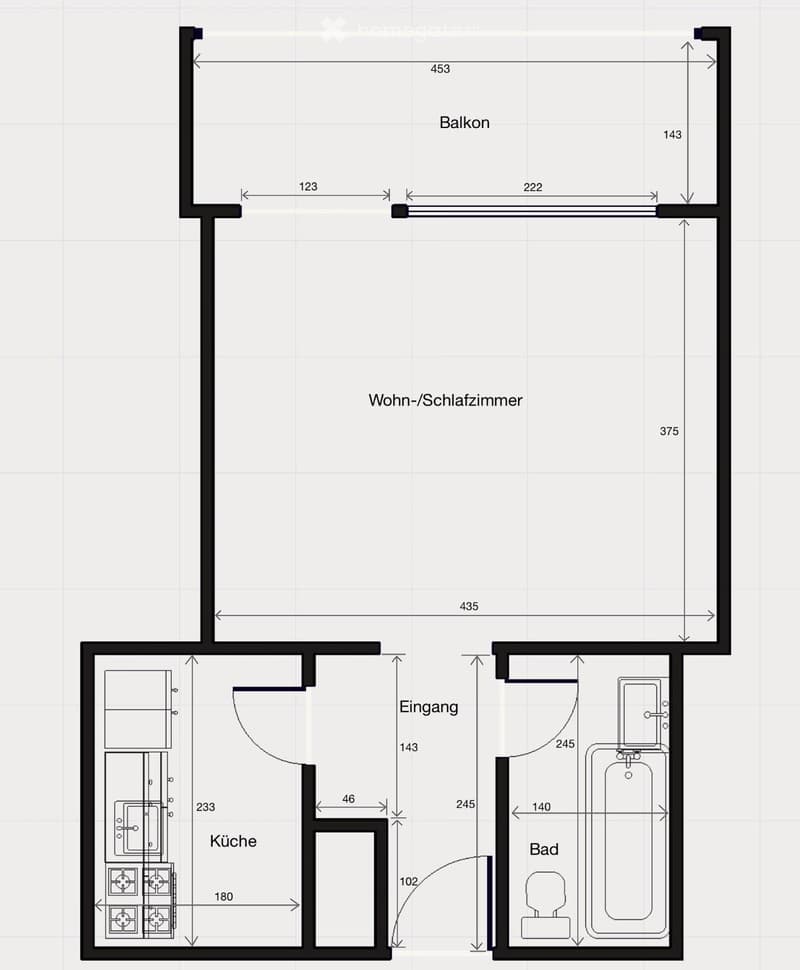 Floor plan of a 1-bedroom apartment with a living/sleeping area, kitchen, bathroom, and balcony.