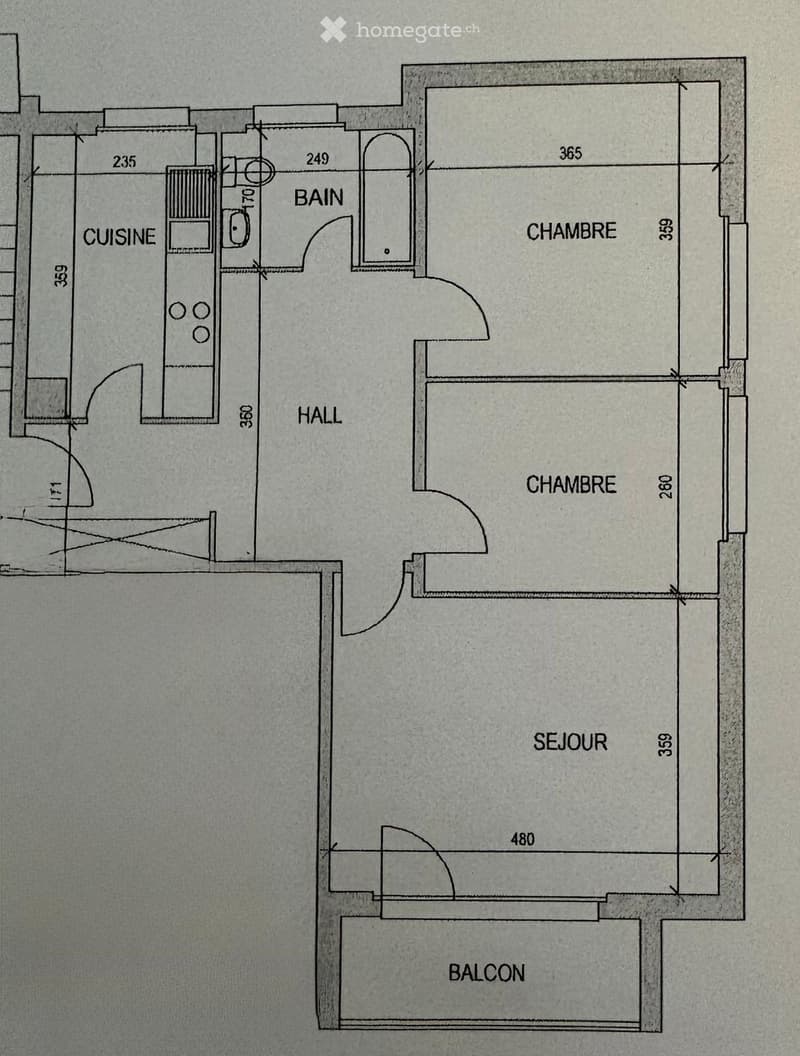 Floor plan showing a kitchen, two bedrooms, a living room, a hallway, a bathroom, and a balcony.