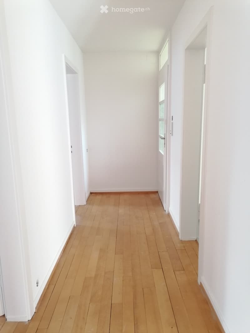 Empty hallway with light wooden flooring and white walls, featuring several doorways and small windows on one side.