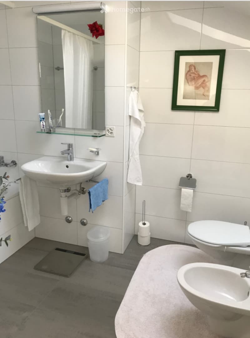 Modern bathroom with white tiles, a sink, mirror, toilet, bidet, bathtub, and various toiletries.