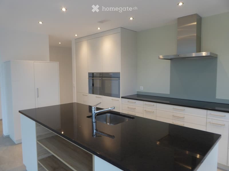 Modern kitchen with white cabinets, black countertops, stainless steel sink and faucet, built-in oven, and range hood.