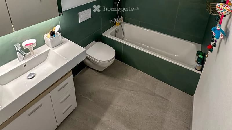 Modern bathroom with a white sink, toilet, bathtub, and a large mirror. The walls are green, and the floor is a light gray concrete. There is a small storage box on the sink and a few decorative items on the wall.