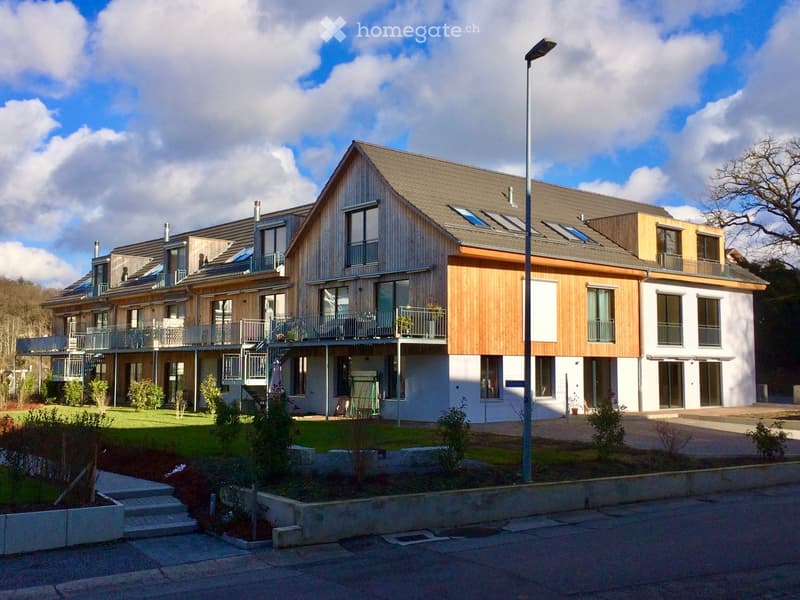 Modern multi-story residential building with wooden facades, large windows, balconies, and a well-maintained lawn in front.