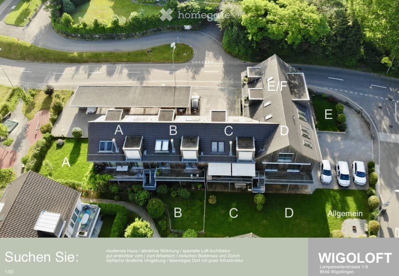 Aerial view of a multi-unit residential building with labeled sections A, B, C, D, E, and F, surrounded by green lawns and parking areas.