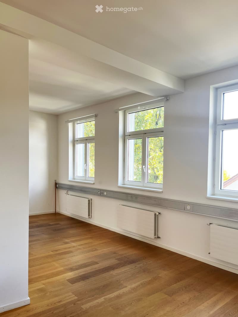 Empty room with wooden flooring, white walls, and multiple windows with white frames. Radiators are visible along the walls.