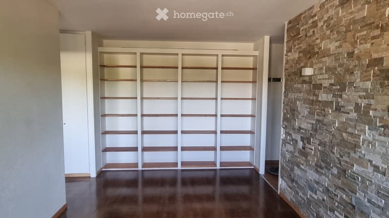 Empty room with dark hardwood flooring, white built-in shelving unit, and a decorative stone accent wall.