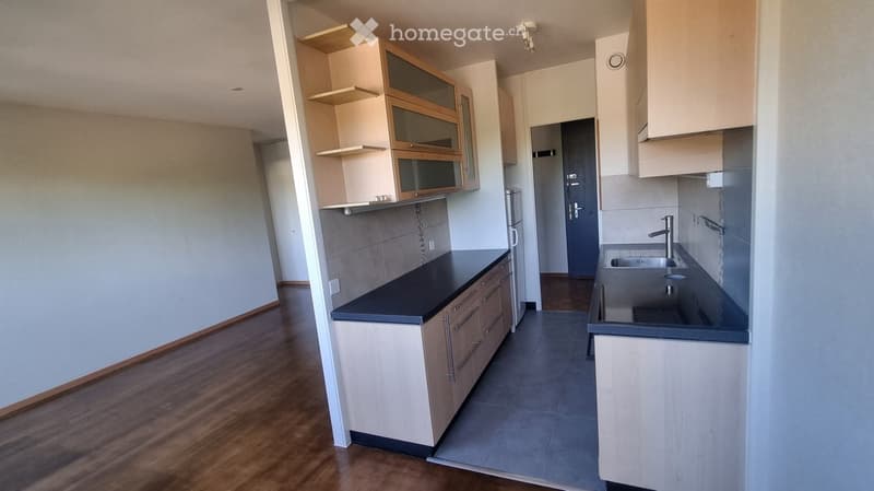Modern kitchen with light wood cabinets, black countertops, stainless steel sink, and a refrigerator. The floor is wooden, and the walls are painted in neutral tones.