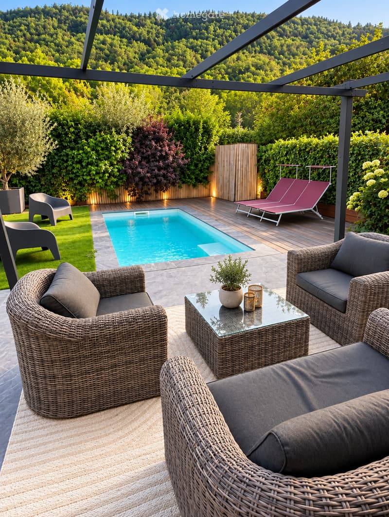 Outdoor patio with a swimming pool, wicker furniture, sun loungers, and a scenic view of a forested area.