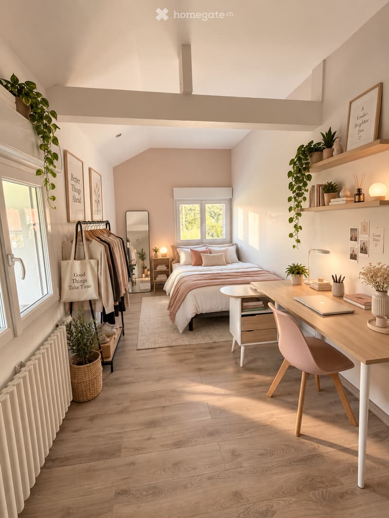Cozy bedroom with a bed, desk, chair, mirror, and various decorative items including plants and picture frames. The room features wooden flooring and large windows letting in natural light.