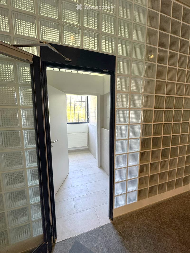 Empty hallway with tiled walls, glass block panels, and a carpeted floor leading to a room with a window and radiator.