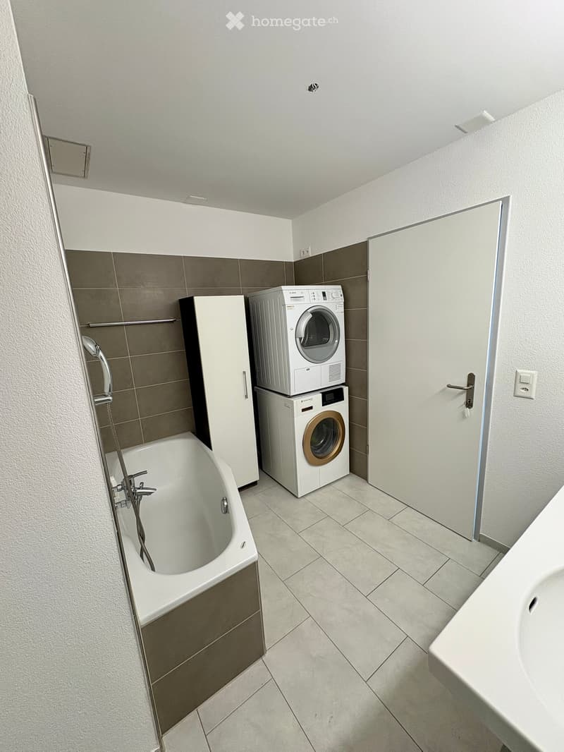Modern bathroom with a bathtub, washing machine, and sink, featuring tiled walls and a shower area.
