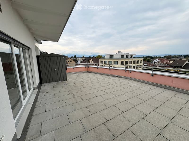 Balcony with tiled floor, metal railing, and a small shed on the left side.