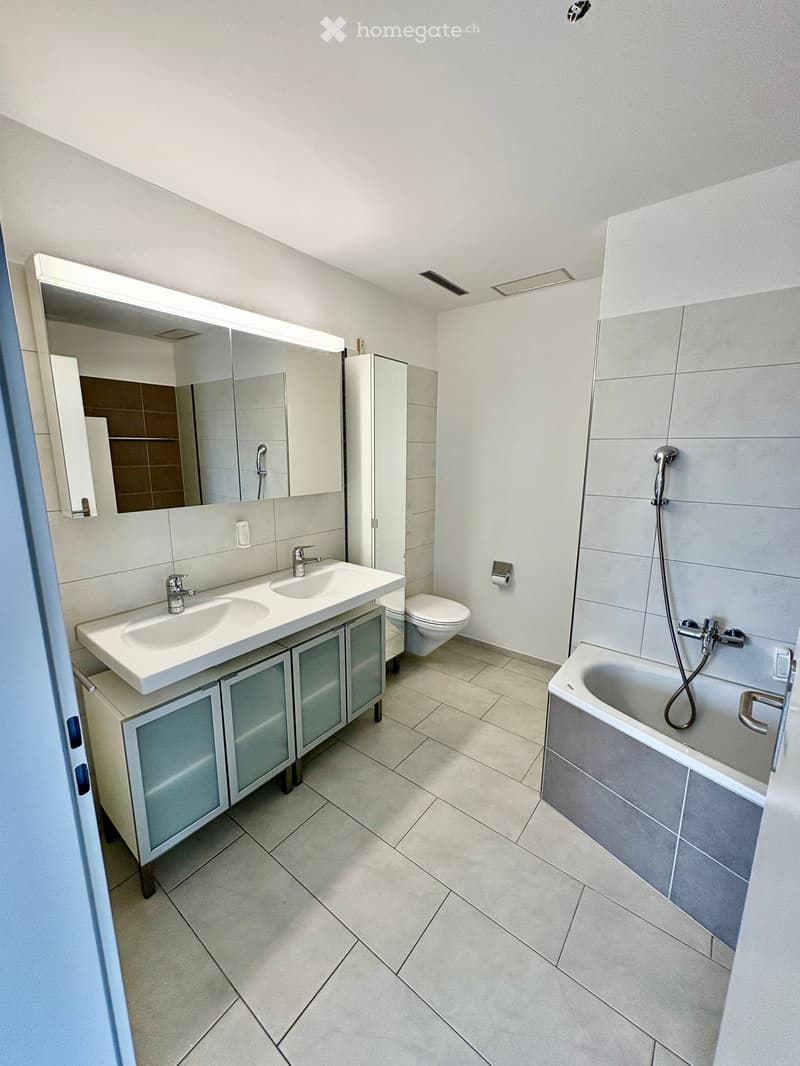 Modern bathroom with a double sink, large mirror, toilet, bathtub, and built-in cabinetry.
